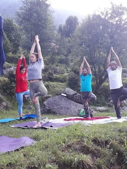 A group of students holding Vrikshasana (Tree Pose) together in the mountains. Practicing in a group fosters a sense of community and shared energy.