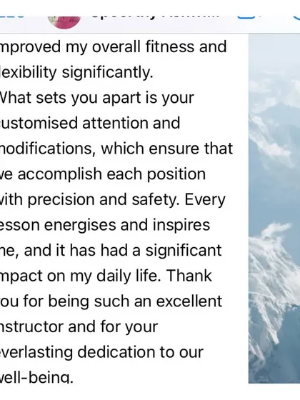 Spoorthy's message continues, highlighting the customized attention and modifications that ensure every student can practice with precision and safety.