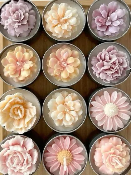 Elegant, floral, and handcrafted with love. These flower-topped tin candles come in a variety of pastel colors and floral designs, perfect for mixing and matching.