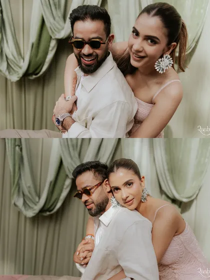 A diptych of the couple from their pastel brunch, showing both a playful and a more intimate, high-fashion pose.