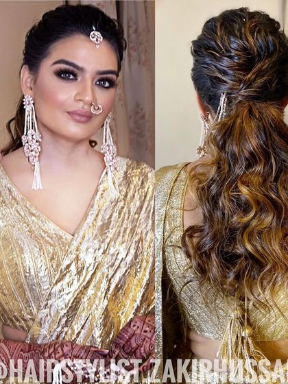 A modern and edgy wet-look ponytail with textured waves. This high-fashion style is perfect for a cocktail party or reception, especially when paired with a glamorous outfit.