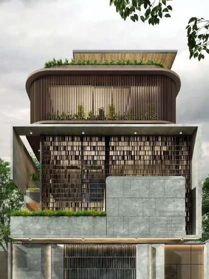 The facade of the 'Rhapsody of Light' residence uses meticulously designed concrete slats as a privacy screen. This element creates a beautiful play of light and shadow on the interior while referencing traditional design in a contemporary form.