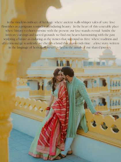 A poetic image of the couple on a palace balcony, overlaid with text about their love story.