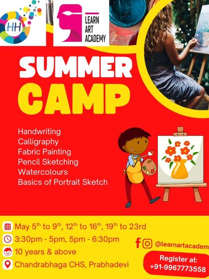 For older kids and teens, my summer camp offers more advanced skills. This flyer outlines specialized workshops in handwriting, calligraphy, portrait sketching, and fabric painting.
