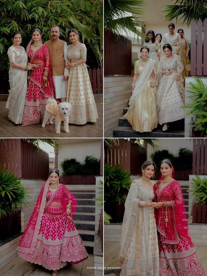A collage of family moments, showing the bride with her parents, her sister, and even the family dog, capturing the love that surrounds her.
