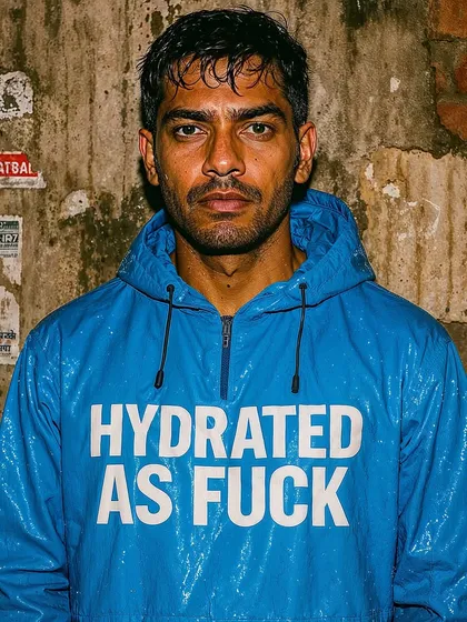 A man in a blue raincoat that says 'HYDRATED AS FUCK'. Part of my 'Rainquotes' series, finding humor and attitude in the middle of a downpour.