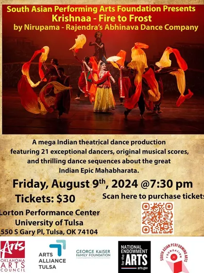 Bringing our mega theatrical productions to new audiences is always a joy. This poster announces our show in Tulsa, featuring 21 exceptional dancers, original music, and thrilling sequences that tell the great epic of the Mahabharata.