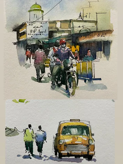 A pair of quick watercolor illustrations. The top scene shows a busy street with a motorcycle, while the bottom one is a simple study of a classic yellow taxi.