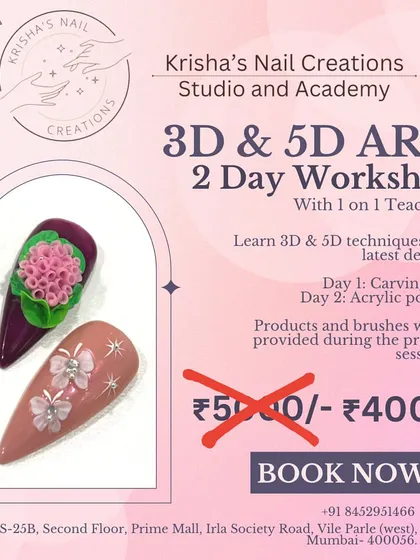 Announcing our popular 2-day workshop on 3D and 5D art. Students learn to create intricate designs using both carving gel and acrylic powder in a one-on-one teaching environment.
