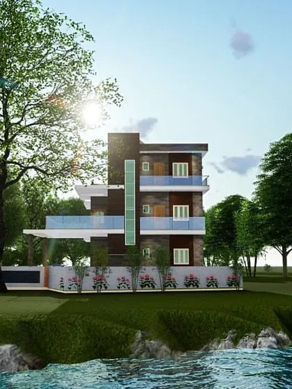 A 3D visualization of the Baraichha residence, situated in a lush, natural landscape. The design integrates with its surroundings, featuring large balconies to enjoy the lakeside view.