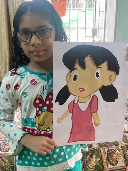 Spruha, a 4th standard student, painted this cartoon character using poster colours. This is a great way for younger students to practice their brush control and color mixing.
