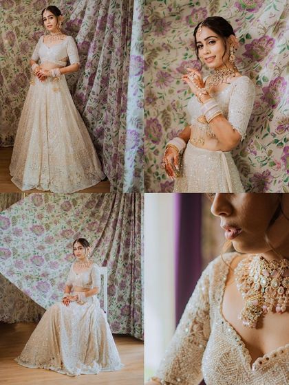A collage of the bride in her elegant white wedding lehenga, showing different poses and close-up details.