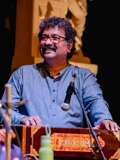 The wonderful Praveen D Rao on the harmonium at my 'Abhivandanam' concert. His melodic support and smiling presence always light up the stage.