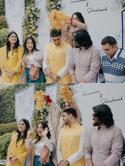 A candid moment from the Haldi ceremony, capturing the fun and playful rituals with family and friends. These are the unscripted memories that make a wedding special.