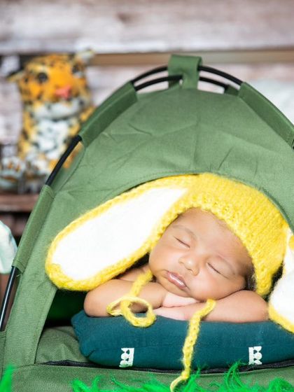 A close-up of our little camper, snug in his tent and surrounded by plush animals.