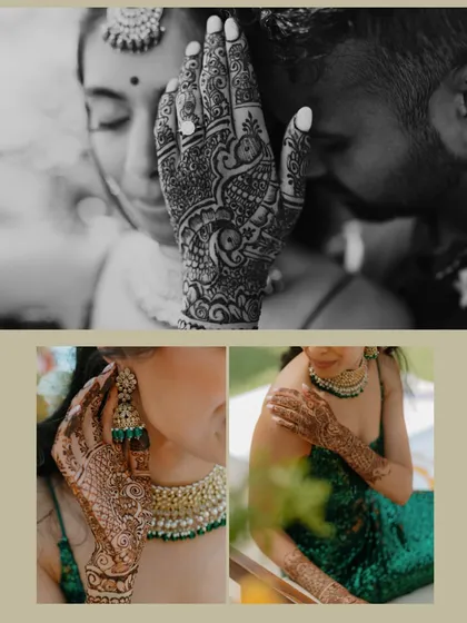 A collage focusing on the beautiful details of a bride's Mehendi in Sri Lanka. The black and white close-up of her hand on his face is particularly tender and artistic.