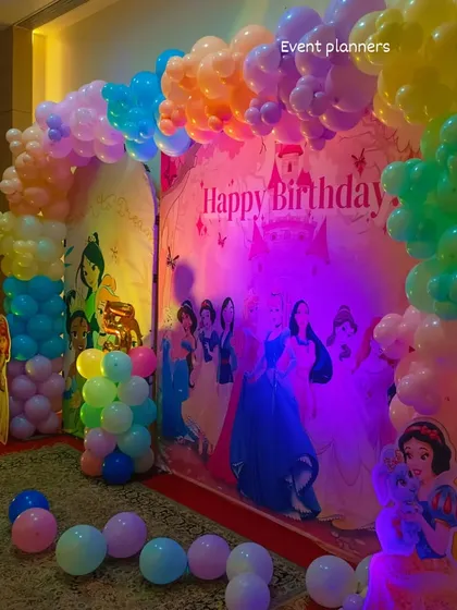 A side view of the Disney Princess stage, showing the depth of the balloon arch.