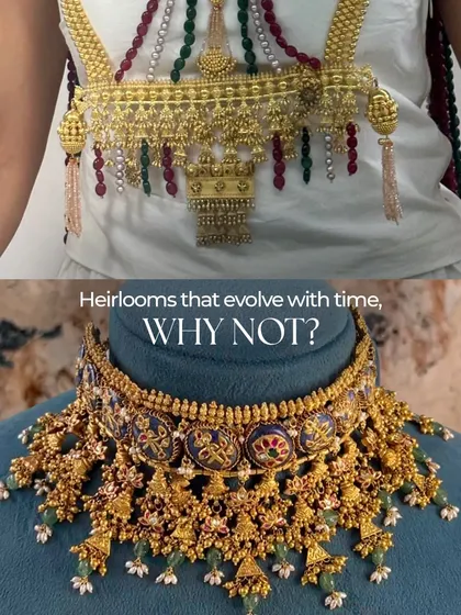 Heirlooms evolve with time. This before-and-after shows a traditional kamarpatta transformed into a magnificent statement necklace, showcasing how we can adapt heritage pieces for a modern aesthetic.