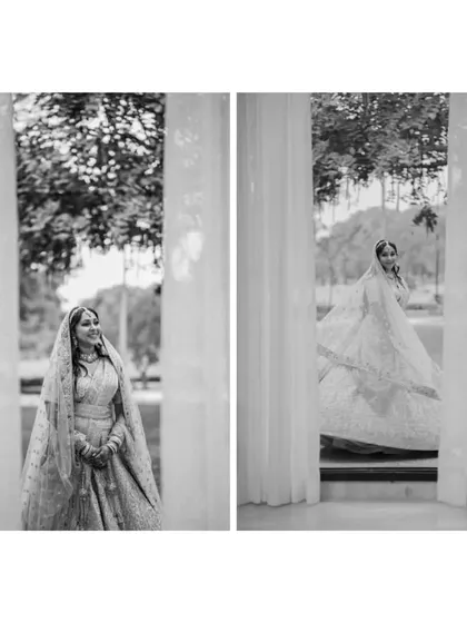 A black and white diptych of the bride looking out a window, one smiling and one twirling.