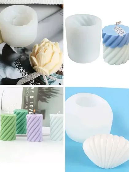This collage showcases more of our silicone candle moulds, including rose, spiral, and seashell shapes. These high-quality moulds allow you to create detailed and artistic candles with ease.