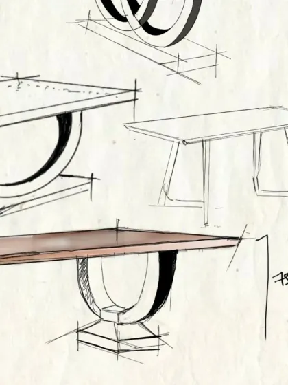 The journey of the Casa K dining table began with these initial sketches. Here, we explored different forms for the base, focusing on creating a piece that was not only visually striking but also structurally sound and balanced.