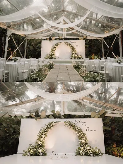 A collage of an elegant all-white wedding reception under a transparent tent. The setup looks stunning against the dark night sky and green surroundings.