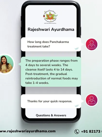 The full Panchakarma process has three stages. Preparation can take 4 days to several weeks, the main cleanse lasts 4 to 14 days, and the post-treatment restoration phase can take 1 to 4 weeks, depending on your individual needs.