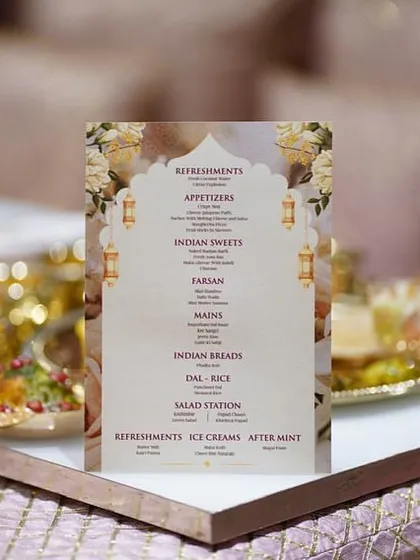 A beautifully designed custom menu for a traditional Indian feast, letting guests know the culinary journey that awaits them.