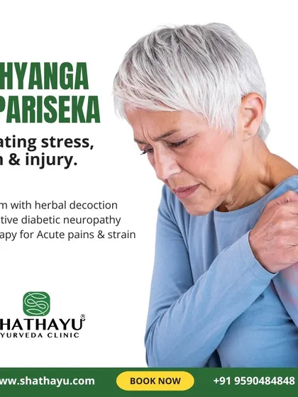 For stress, pain, and injury, I recommend Abhyanga and Pariseka. This therapy involves a stream of herbal decoction poured over the body, which is effective for relieving acute pain, strain, and even diabetic neuropathy.