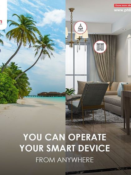 Whether you're on vacation or at the office, you can operate your smart devices from anywhere. This split image illustrates the freedom of controlling your home environment remotely.