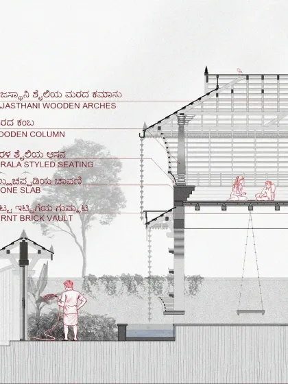 Our design process begins with detailed drawings like this cross-section. Here, we blend Rajasthani wooden arches with Kerala-style seating, clearly mapping out the use of natural materials like burnt brick vaults and stone slabs to create a unique, culturally rich home.