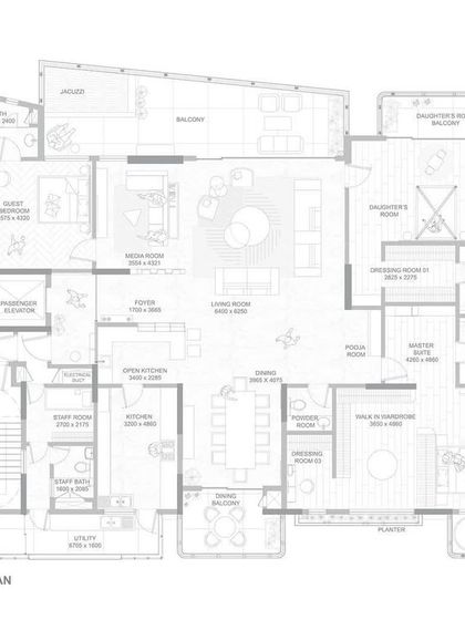 The ground floor plan for the Quintessence project. This architectural drawing illustrates how we combined two apartments and designed the layout to maximize space, light, and the stunning views of Jakkur Lake.