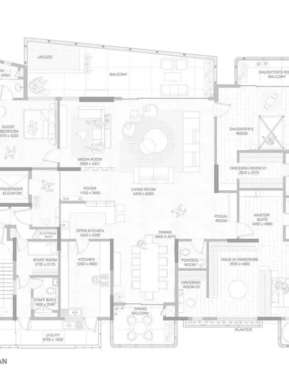 The ground floor plan for the Quintessence project. This architectural drawing illustrates how we combined two apartments and designed the layout to maximize space, light, and the stunning views of Jakkur Lake.