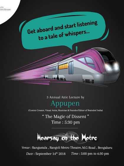 An invitation to "Hearsay on the Metro," the graduation event for our Season 6 writers, which also featured the 3rd Annual Attic Lecture by comics creator Appupen.