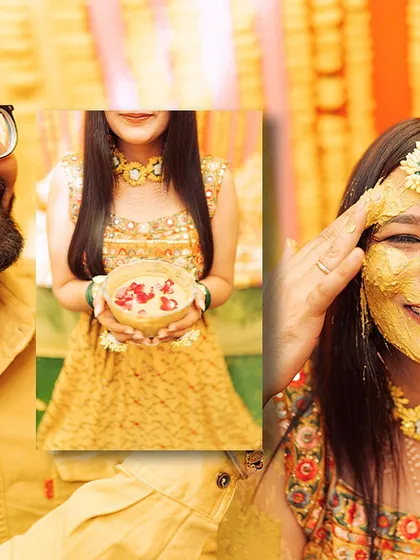A collage celebrating the bride's Haldi. We focus on the details, like the bowl of turmeric paste with rose petals, and the bride's happy, smeared face.
