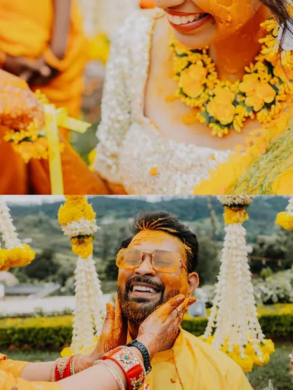 A collage showing the happy faces of the bride and groom during their Haldi. Their smiles are infectious, and these photos radiate warmth and love.
