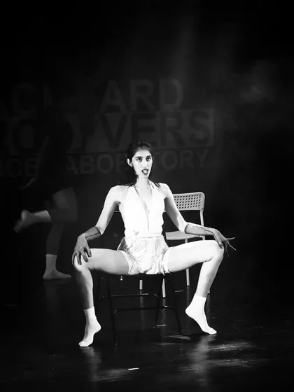 A powerful pose from a Jazz routine, captured in dramatic black and white. We train our dancers to command the stage with strong character and presence, a key element of Broadway style performance.