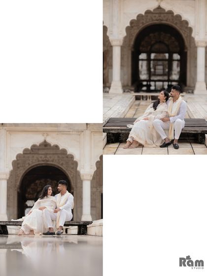 A collage showing the couple relaxing within the beautiful architecture of a historic monument. The reflection in the water adds a creative and symmetrical element to this serene pre-wedding scene.