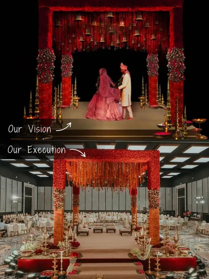 From a detailed 3D render to a breathtaking reality. This image showcases our commitment to bringing your vision to life, demonstrating how we translate a design concept into a grand, fully-realized wedding mandap, ensuring every element is executed to perfection.