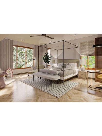 The master bedroom concept for 'Residence at Hutchins', featuring a four-poster bed, a dedicated workspace, and a playful corner for the client's child.