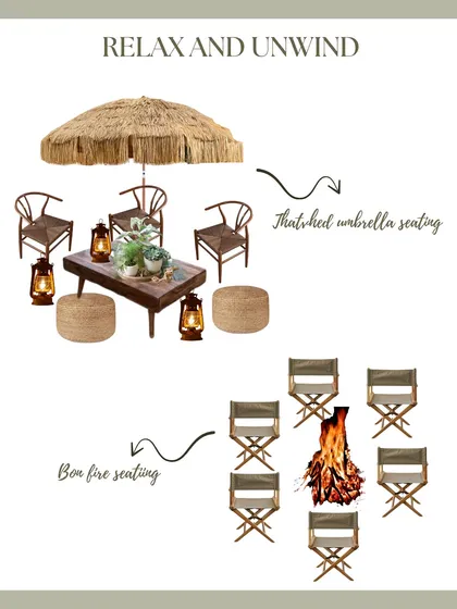 The mood board for the lounge seating at the safari sundowner. This visual guide helps align on the desired aesthetic, from the thatched umbrellas and bonfire seating to the overall color palette.