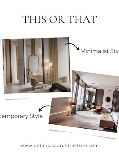 A "This or That" post comparing Minimalist and Contemporary styles. We use these to engage with our audience and understand their preferences, which informs our design approach.