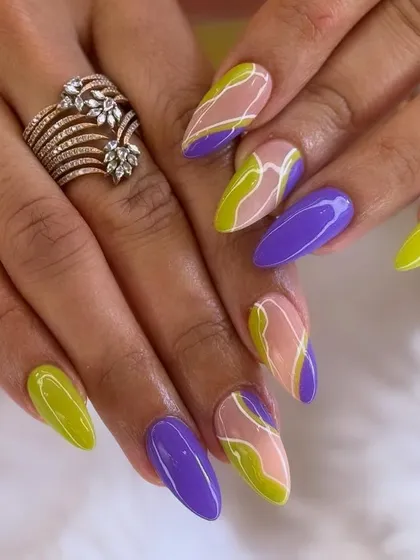A bold and colorful abstract design. This set combines vibrant purple and chartreuse green with negative space and fine white lines for a modern, artistic statement.