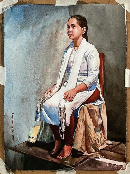 The figure painting shown on my easel, taped to the board. This gives a behind-the-scenes look at my process and setup.