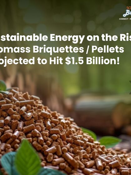 A close-up shot of biomass pellets, this graphic announces the projected $1.5 billion market growth for this sustainable energy source. It serves to attract entrepreneurs looking to enter the rising biomass industry.