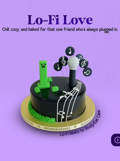 Lo-fi beats to study/eat cake to. This "Lo-Fi Love" cake combines the chill vibe of lo-fi music with a Minecraft creeper, perfect for the friend who's always plugged in.