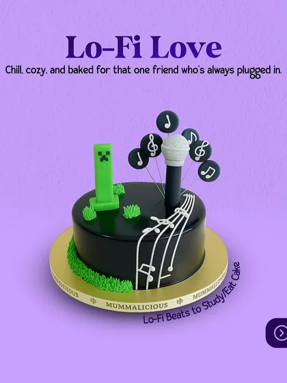 Lo-fi beats to study/eat cake to. This "Lo-Fi Love" cake combines the chill vibe of lo-fi music with a Minecraft creeper, perfect for the friend who's always plugged in.