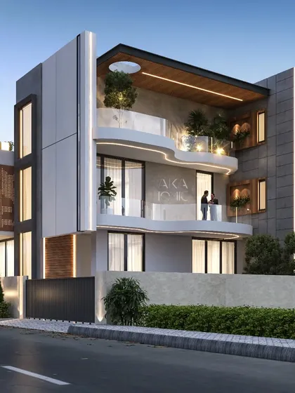 This compact 'mini farmhouse' design demonstrates that luxury and green living are possible on a smaller scale. The architecture features curved balconies and extensive use of glass to create a sense of spaciousness.