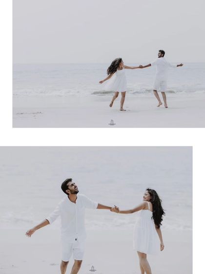 A collage of a couple in white, playfully interacting on a serene beach.