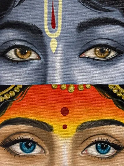 To behold the eyes of Radha and Krishna is to behold life itself. This close-up from a custom oil painting shows the detail and emotion I strive to capture, making the divine connection feel personal and profound.